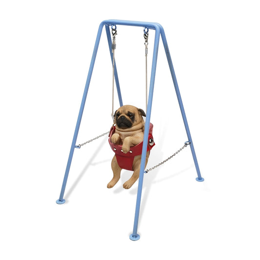 "1/6 scale pug dog figurines sitting in a red swing. These adorable and realistic models capture the playful nature of pugs, featuring lifelike details such as expressive faces and intricate fur textures. Ideal for dog lovers and collectors, these figurines add a touch of charm to any decor."