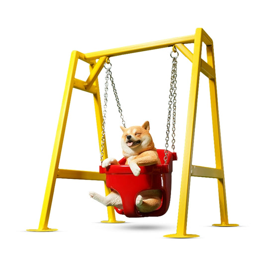 1/6 scale Shiba Inu dog figurines sitting in a red swing, mounted on a yellow frame. These lifelike models feature the cheerful expressions of Shiba Inus, detailed fur textures, and adorable poses. Perfect for collectors and dog lovers, these figurines bring a touch of playfulness and charm to any display setting.
