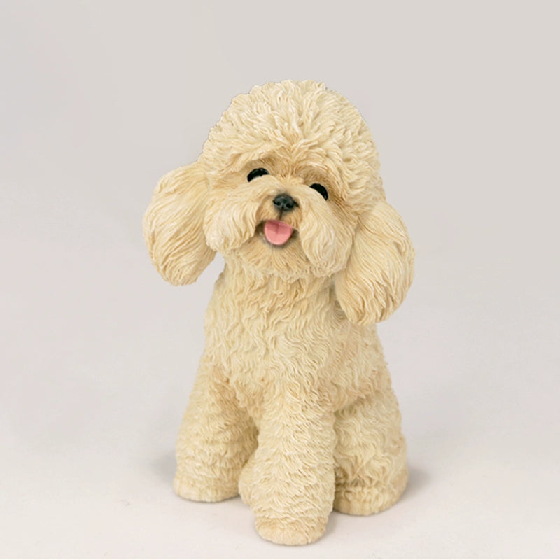 A pair of 1/6 scale Teddy Dog models, one in cream and the other in caramel color, both in a sitting position with tongues out, showcasing lifelike details and adorable expressions.