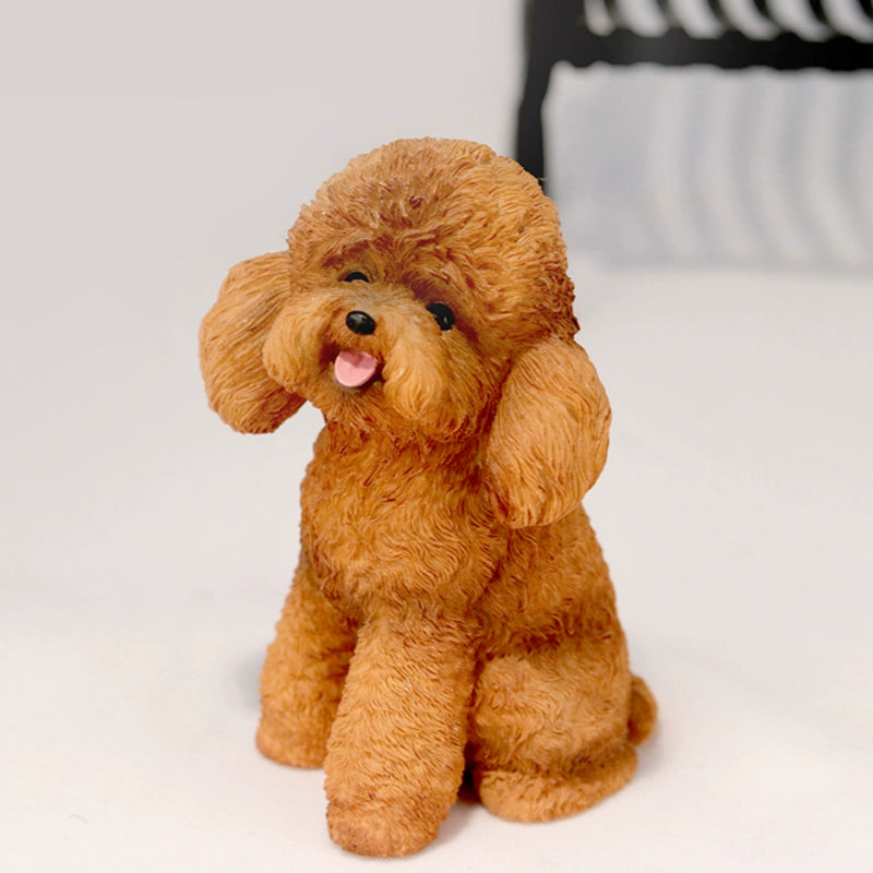 A pair of 1/6 scale Teddy Dog models, one in cream and the other in caramel color, both in a sitting position with tongues out, showcasing lifelike details and adorable expressions.