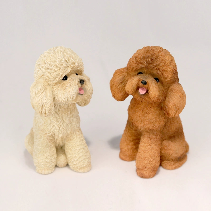 A pair of 1/6 scale Teddy Dog models, one in cream and the other in caramel color, both in a sitting position with tongues out, showcasing lifelike details and adorable expressions.