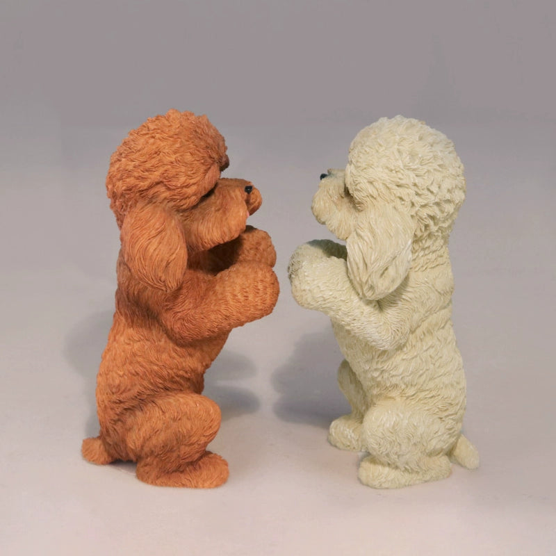 A pair of 1/6 scale Teddy Dog models, one in cream and the other in caramel color, both in a sitting position with tongues out, showcasing lifelike details and adorable expressions.