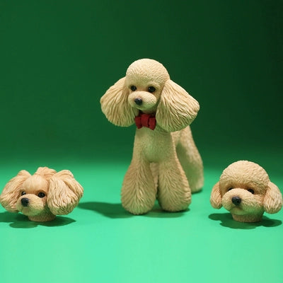 1/6 scale Teddy Poodle simulation models featuring a variety of colors and detailed fur textures. These adorable figurines capture the essence of poodles, with each model wearing a cute red bow. Ideal for dog lovers and collectors, these figurines bring a touch of elegance and charm to any decor.