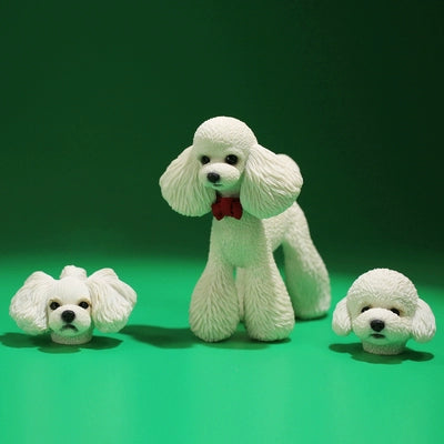 1/6 scale Teddy Poodle simulation models featuring a variety of colors and detailed fur textures. These adorable figurines capture the essence of poodles, with each model wearing a cute red bow. Ideal for dog lovers and collectors, these figurines bring a touch of elegance and charm to any decor.