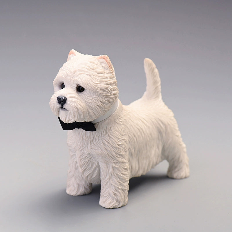 1/6 scale West Highland White Terrier simulation resin models, showcasing realistic and detailed representations of the breed. The figurines feature the terriers' iconic white coats, expressive eyes, and playful expressions. Some models are accessorized with a plaid scarf or bow tie, adding a touch of personality. Perfect for collectors and dog enthusiasts, these models are ideal for display.