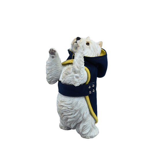 A figurine of a West Highland White Terrier standing on its hind legs, dressed in a blue hoodie with yellow trim. The detailed and lifelike model captures the dog's playful and curious nature, making it an adorable addition to any collection.