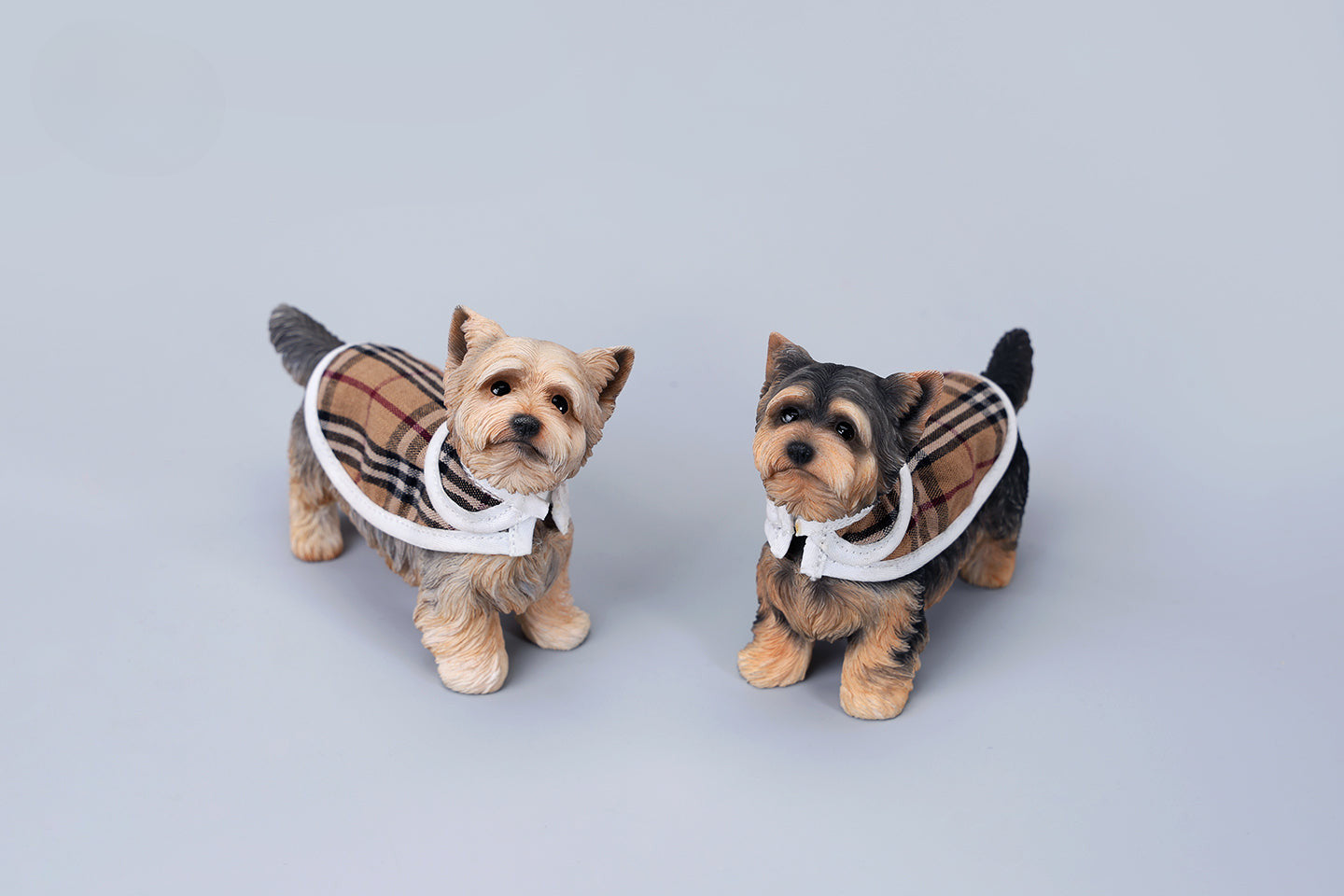 Two highly detailed 1/6 scale Yorkshire dog models dressed in stylish plaid coats. These realistic figurines capture the charming appearance of Yorkshire Terriers, making them perfect for collectors and dog lovers.