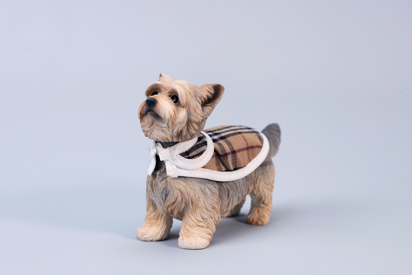 Two highly detailed 1/6 scale Yorkshire dog models dressed in stylish plaid coats. These realistic figurines capture the charming appearance of Yorkshire Terriers, making them perfect for collectors and dog lovers.