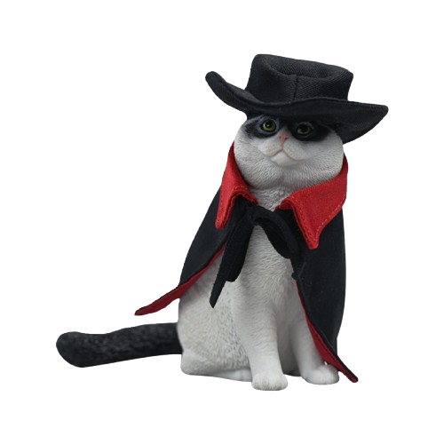 A detailed 1/6 scale model of a cat dressed as Zorro, complete with a black hat, mask, and a red cape. The figurine captures the playful and heroic essence of the character, making it a unique and charming piece for collectors and cat lovers.