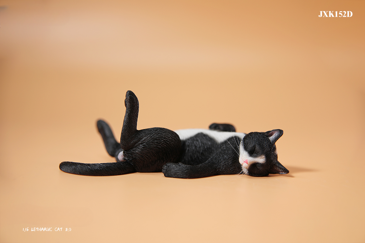 A set of 1/6 scale Lethargic Cat 5.0 models showing various cats in different relaxed, sleeping positions. Each cat is detailed with realistic fur textures and unique coat colors, resting on a grey cushion or a dark grey couch, perfectly capturing the essence of a lazy cat's nap.