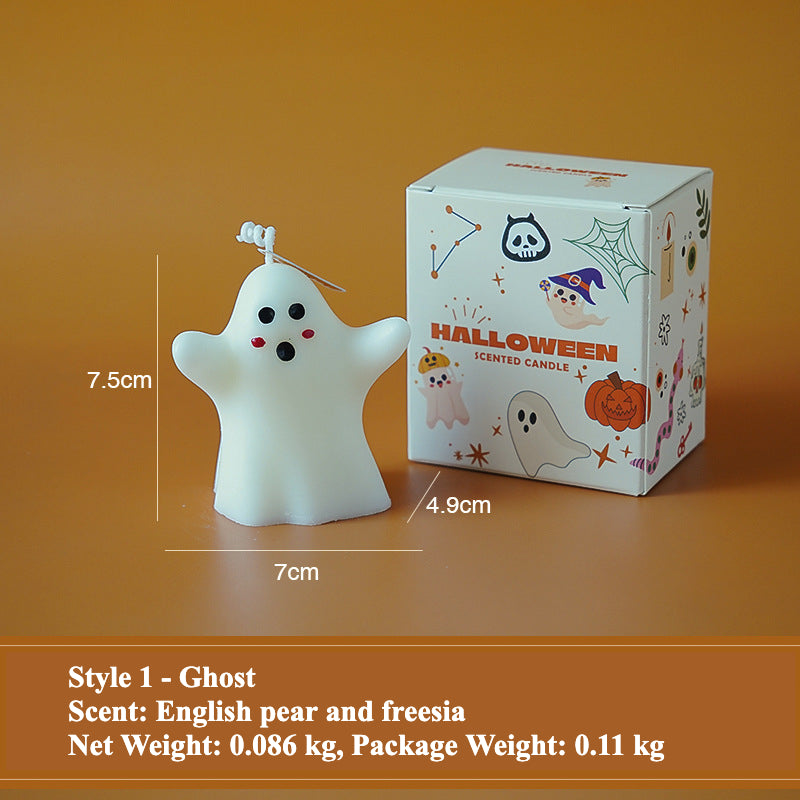 Charming Ghost Candles in various designs and colors, perfect for Halloween decor. These unique scented candles create a festive atmosphere while providing delightful aromas, making them ideal for home decoration or as thoughtful gifts.