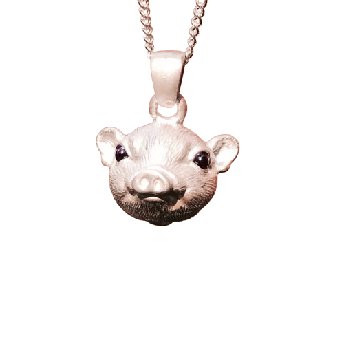 925 Sterling Silver Pig Pendant - Handmade Necklace with Gemstone Eyes