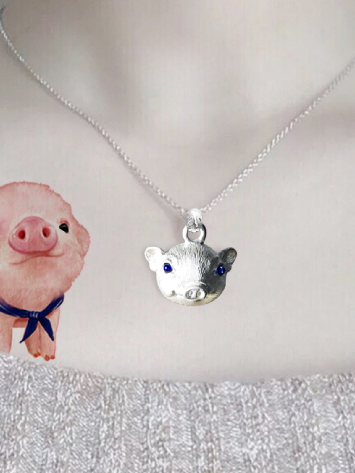 Handcrafted 925 sterling silver pig pendant necklace featuring customizable gemstone eyes, perfect for animal lovers and pet memorials, with options for custom engraving.