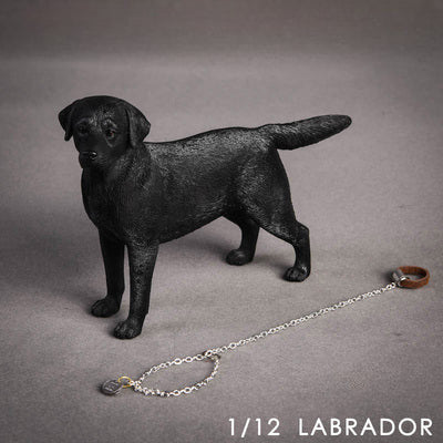 "A detailed 1/12 scale model of a chocolate Labrador Retriever, showcasing realistic fur texture and lifelike features, standing attentively."