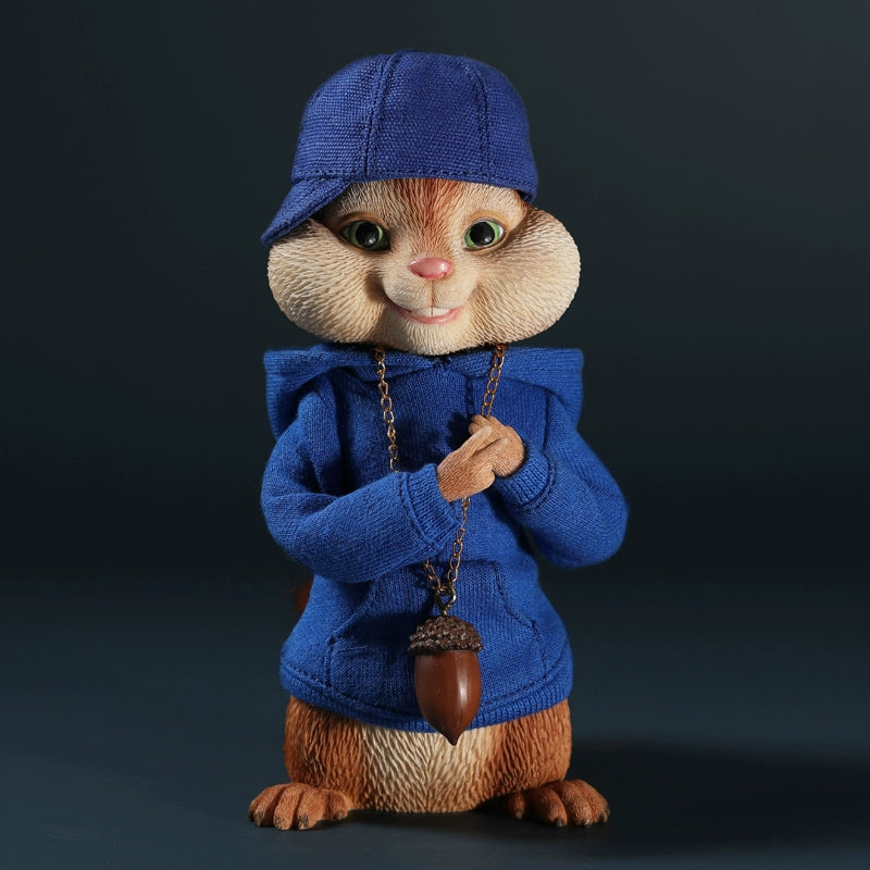 A detailed resin figurine of a chipmunk from Alvin and the Chipmunks, wearing a red hoodie and cap with an acorn necklace. Perfect for collectors and fans of the animated movie series.