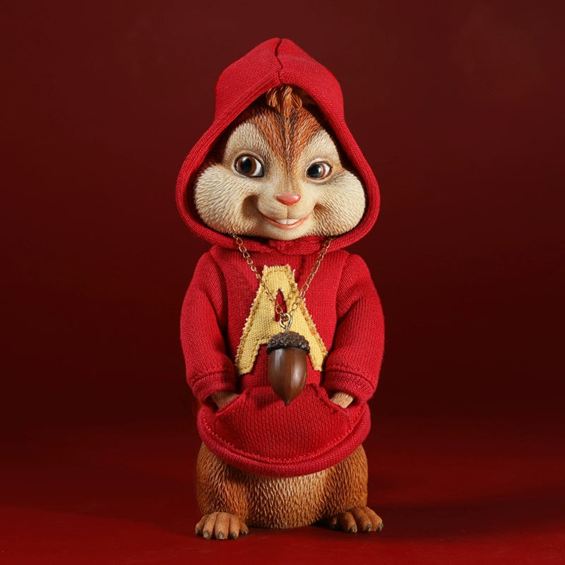 A detailed resin figurine of a chipmunk from Alvin and the Chipmunks, wearing a red hoodie and cap with an acorn necklace. Perfect for collectors and fans of the animated movie series.