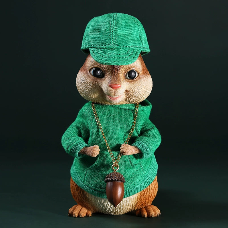 A detailed resin figurine of a chipmunk from Alvin and the Chipmunks, wearing a red hoodie and cap with an acorn necklace. Perfect for collectors and fans of the animated movie series.