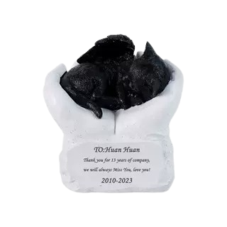 Angel Cat Memorial Statue featuring a sleeping cat with angel wings, cradled in two hands. Includes custom engraved text with the name 