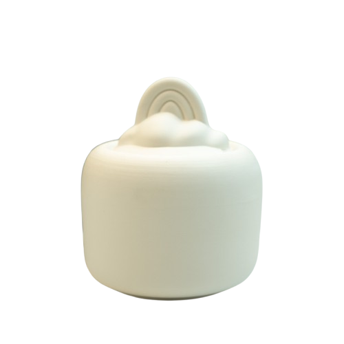 A beautifully crafted Angel Series Pet Urn named Rainbow, designed with a serene and pure white finish. The urn features a delicate cloud and rainbow design on the lid, symbolizing a peaceful resting place for beloved pets. The elegant design blends seamlessly with any home decor, offering a tranquil and comforting presence.