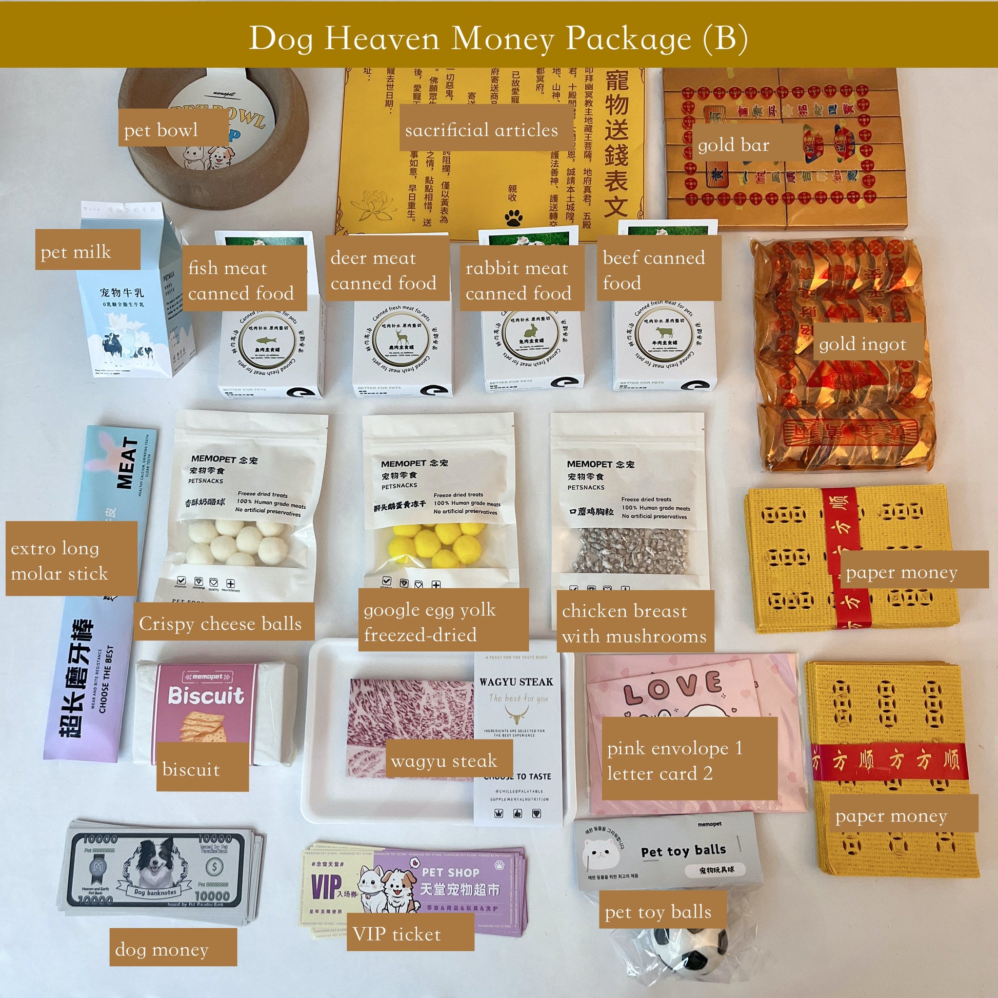 Dog Heaven Money Package for Sacrifice, featuring premium items like wagyu steak, pet milk, and luxury accessories to honor and commemorate your beloved pet’s memory, ensuring comfort and joy in the afterlife.