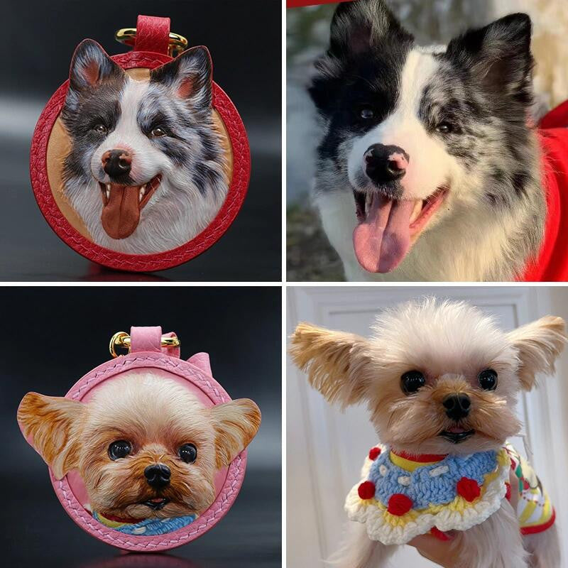 This image showcases a beautifully handcrafted leather carving featuring a Border Collie and a Yorkshire Terrier. The intricate detailing captures the distinct facial expressions and fur textures of both dogs, highlighting the artisan's skill in creating realistic pet portraits on leather. The Border Collie is set against a vibrant red background, emphasizing its lively personality, while the Yorkshire Terrier is depicted in a soft pink hue, adding to its charming and adorable appearance. These custom leat >
            </div>
          
            <div class=