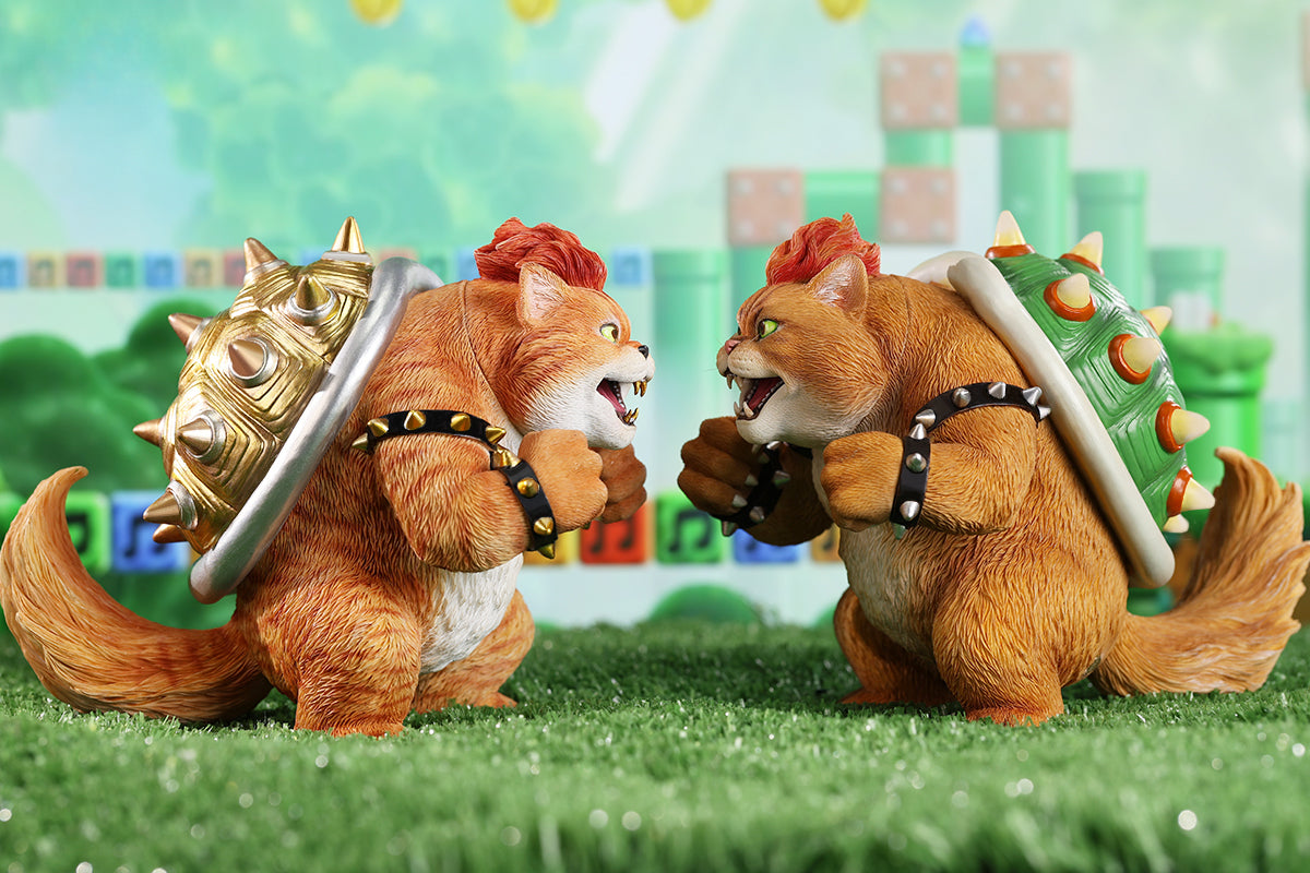 A Bowser Cat figurine with a removable magnetic head and a pipe accessory. The cat has a spiked shell on its back, designed for collectors and fans of unique action figures. The figurine combines feline charm with Bowser's iconic style, making it an ideal collectible piece.