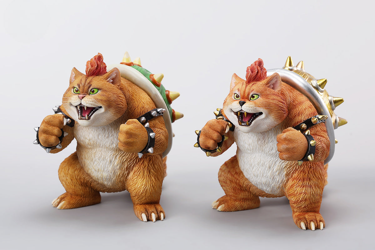 A Bowser Cat figurine with a removable magnetic head and a pipe accessory. The cat has a spiked shell on its back, designed for collectors and fans of unique action figures. The figurine combines feline charm with Bowser's iconic style, making it an ideal collectible piece.