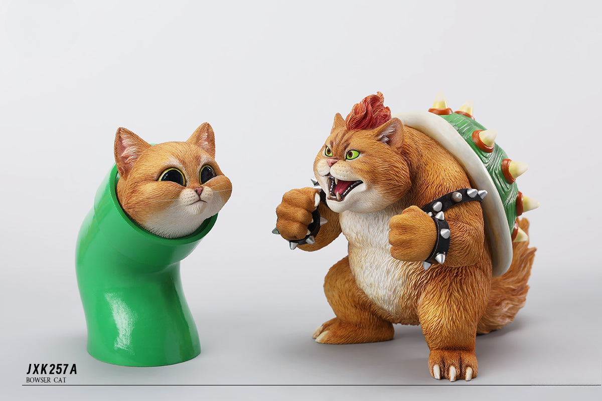 A Bowser Cat figurine with a removable magnetic head and a pipe accessory. The cat has a spiked shell on its back, designed for collectors and fans of unique action figures. The figurine combines feline charm with Bowser's iconic style, making it an ideal collectible piece.