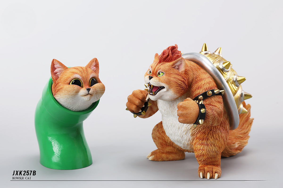 A Bowser Cat figurine with a removable magnetic head and a pipe accessory. The cat has a spiked shell on its back, designed for collectors and fans of unique action figures. The figurine combines feline charm with Bowser's iconic style, making it an ideal collectible piece.