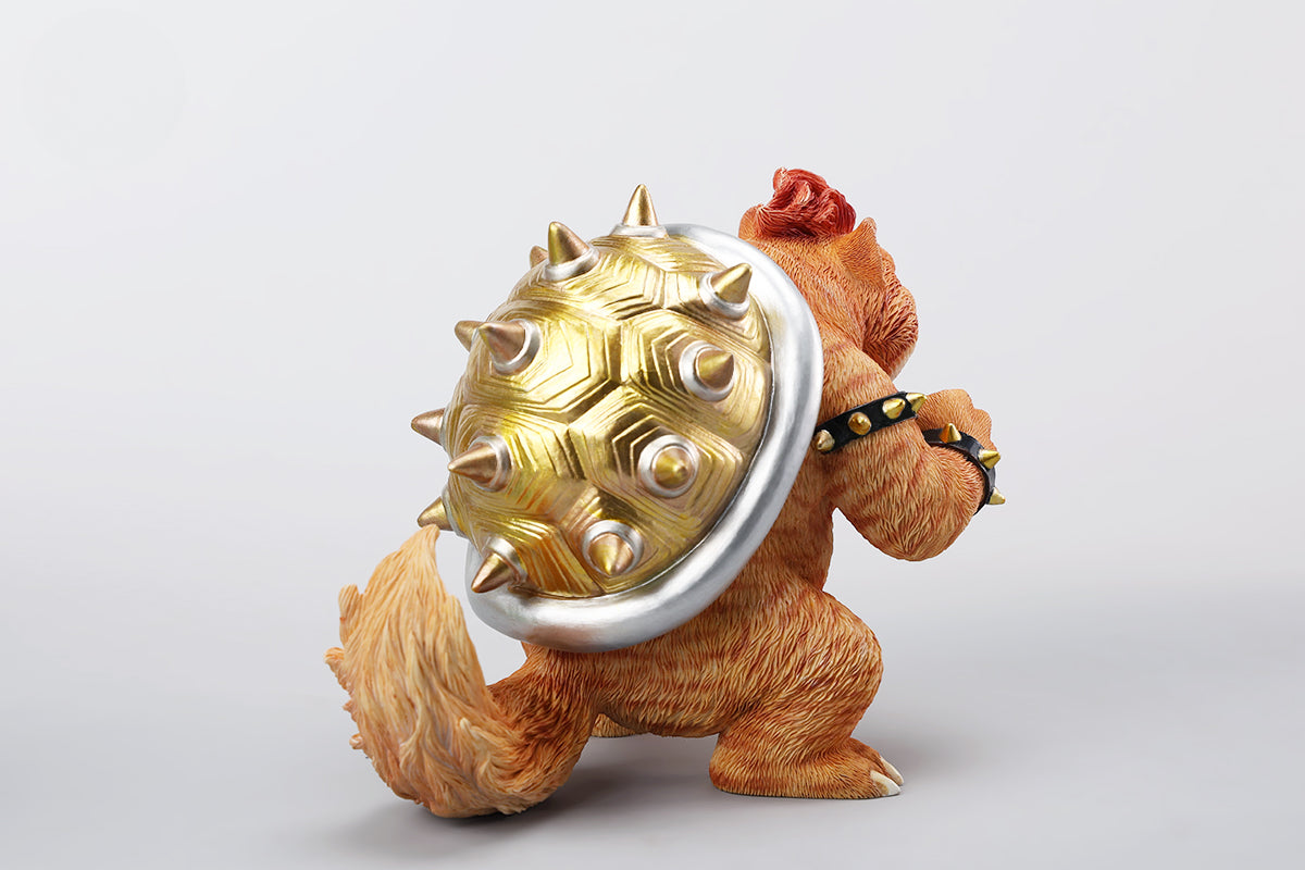 A Bowser Cat figurine with a removable magnetic head and a pipe accessory. The cat has a spiked shell on its back, designed for collectors and fans of unique action figures. The figurine combines feline charm with Bowser's iconic style, making it an ideal collectible piece.