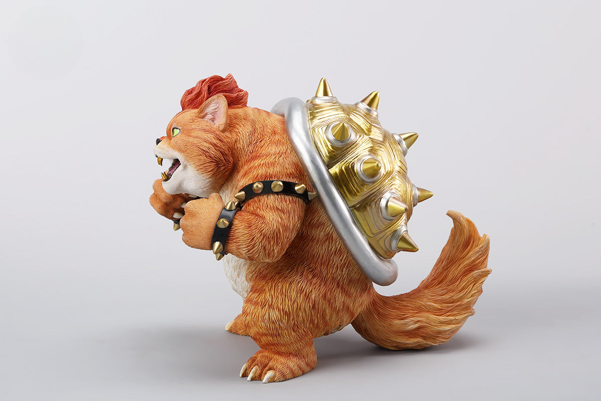 A Bowser Cat figurine with a removable magnetic head and a pipe accessory. The cat has a spiked shell on its back, designed for collectors and fans of unique action figures. The figurine combines feline charm with Bowser's iconic style, making it an ideal collectible piece.