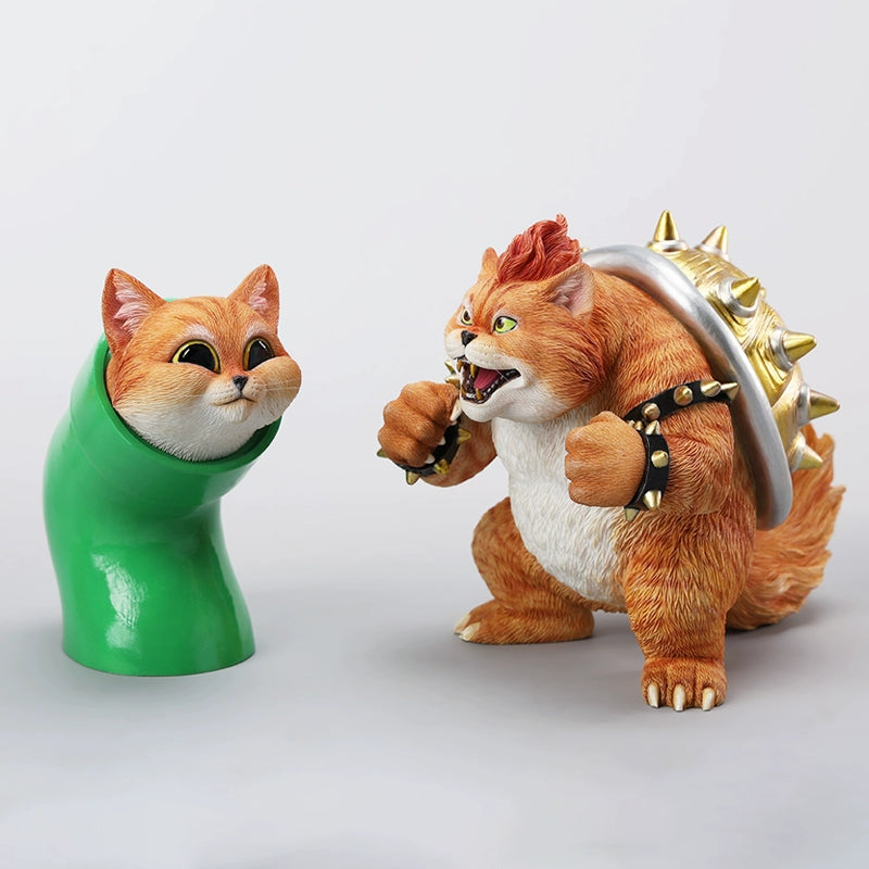 A Bowser Cat figurine with a removable magnetic head and a pipe accessory. The cat has a spiked shell on its back, designed for collectors and fans of unique action figures. The figurine combines feline charm with Bowser's iconic style, making it an ideal collectible piece.