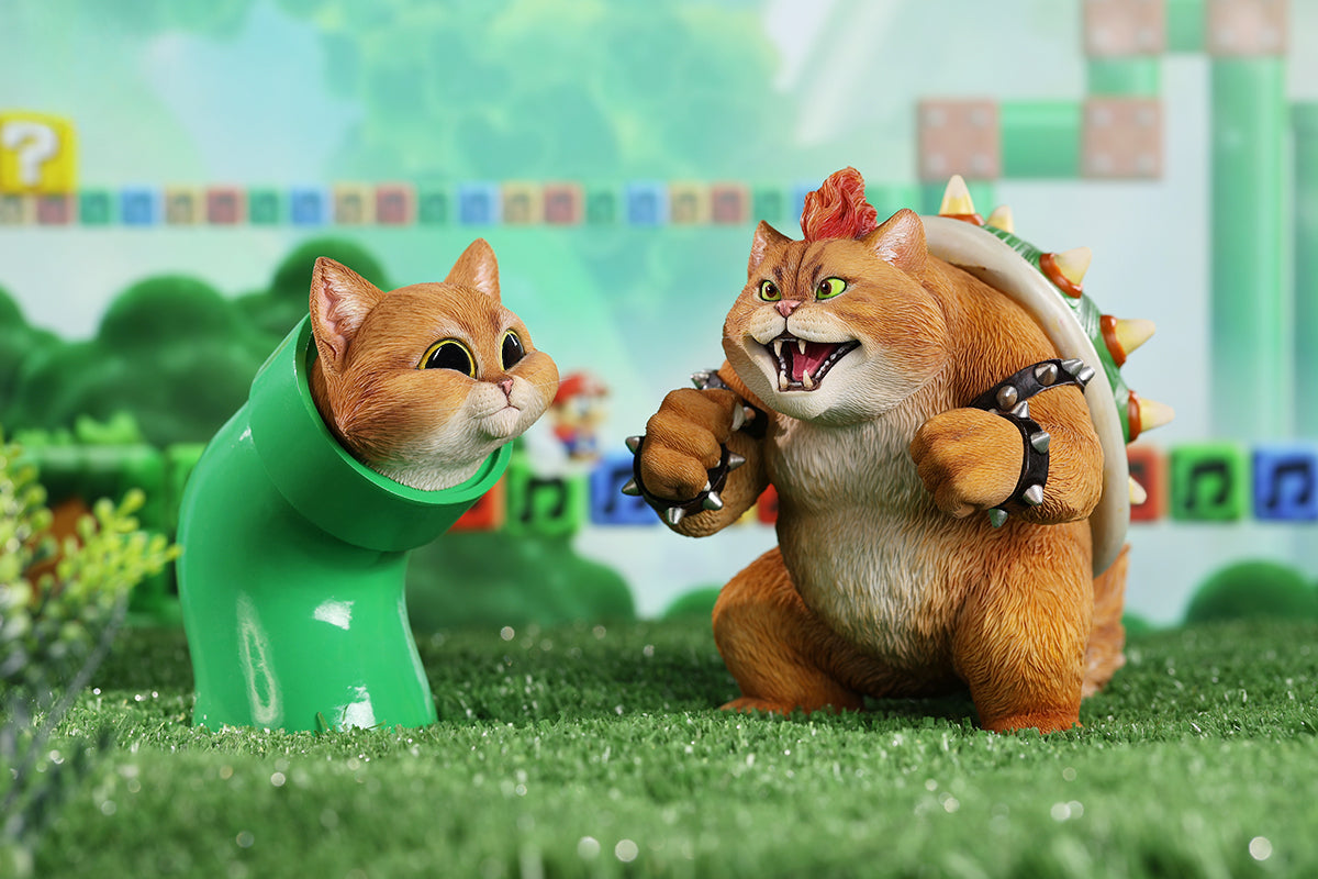 A Bowser Cat figurine with a removable magnetic head and a pipe accessory. The cat has a spiked shell on its back, designed for collectors and fans of unique action figures. The figurine combines feline charm with Bowser's iconic style, making it an ideal collectible piece.