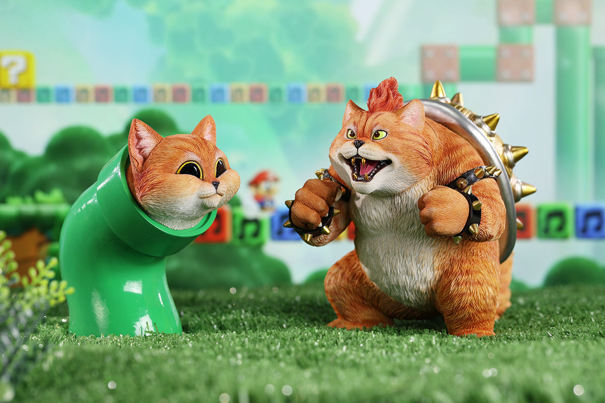 A Bowser Cat figurine with a removable magnetic head and a pipe accessory. The cat has a spiked shell on its back, designed for collectors and fans of unique action figures. The figurine combines feline charm with Bowser's iconic style, making it an ideal collectible piece.