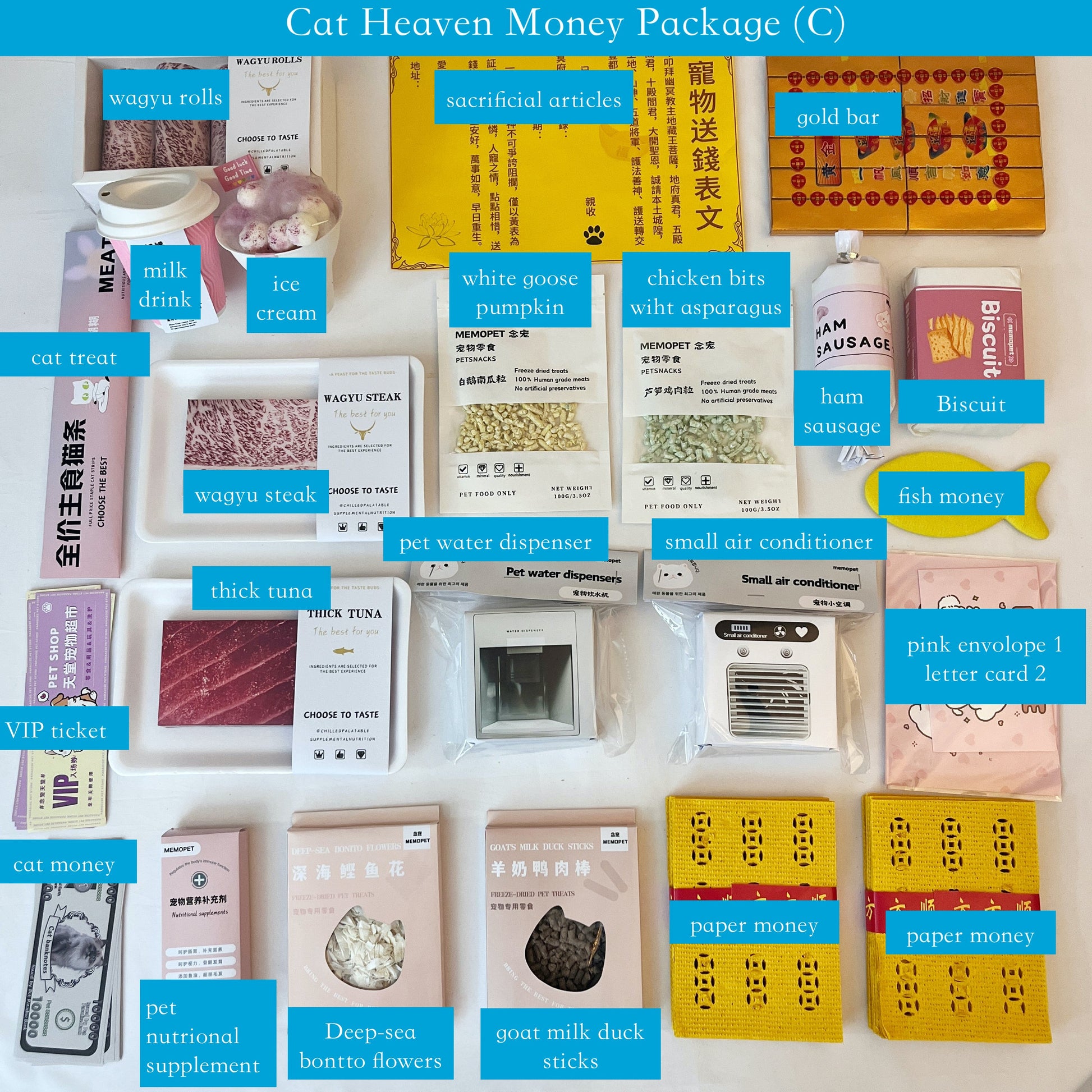 The Cat Heaven Money Package for Sacrifice offers a comprehensive collection of afterlife offerings for your beloved feline companion. It includes premium cat treats, luxury canned foods, and symbolic items like gold ingots and paper money, ensuring your cat’s comfort and happiness in the afterlife.