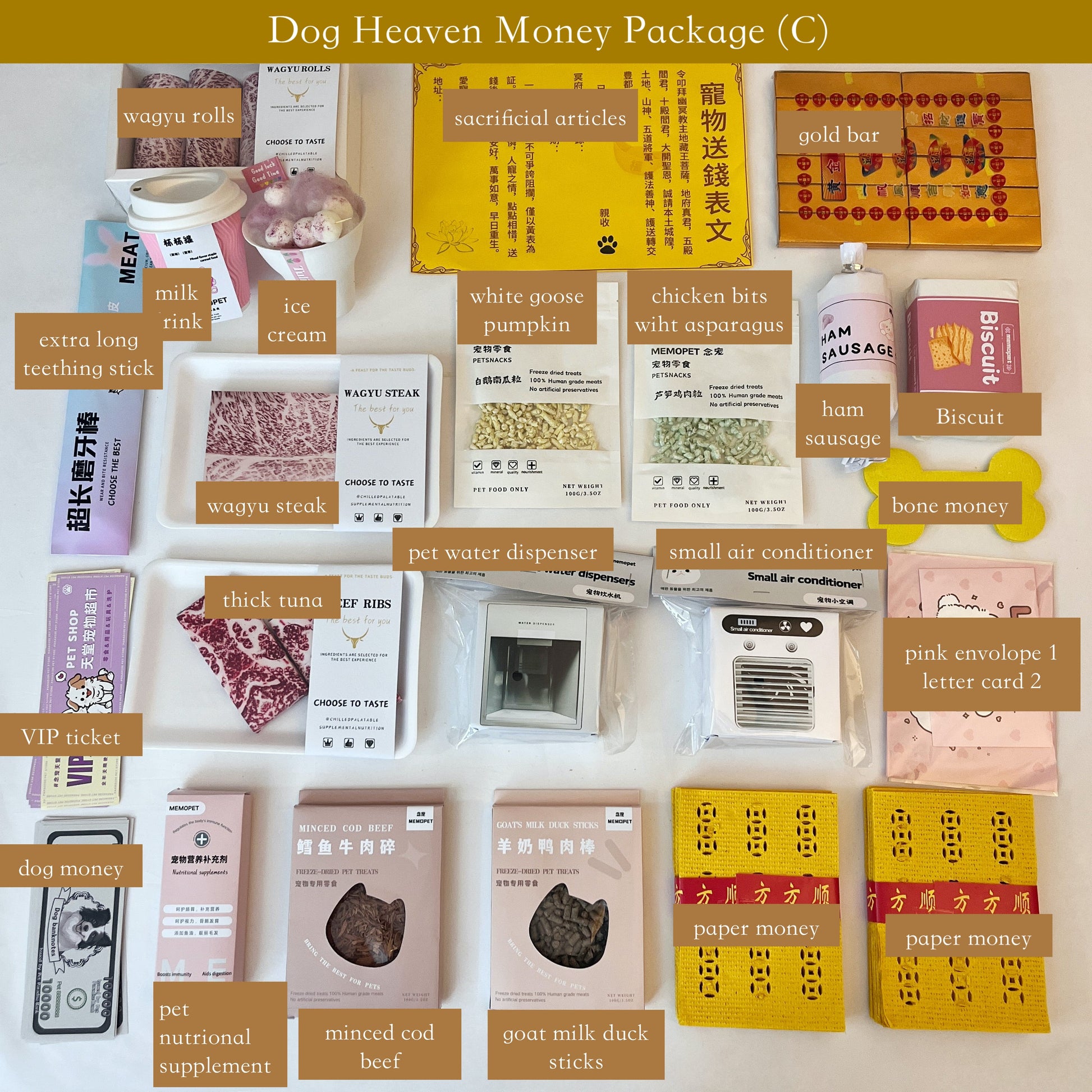 Dog Heaven Money Package for Sacrifice, featuring premium items like wagyu steak, pet milk, and luxury accessories to honor and commemorate your beloved pet’s memory, ensuring comfort and joy in the afterlife.