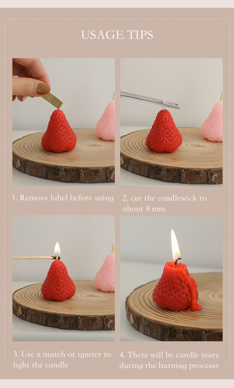 Step-by-step guide showing how to properly use handmade candles, including removing the label, trimming the wick, lighting the candle, and understanding candle tears during burning.