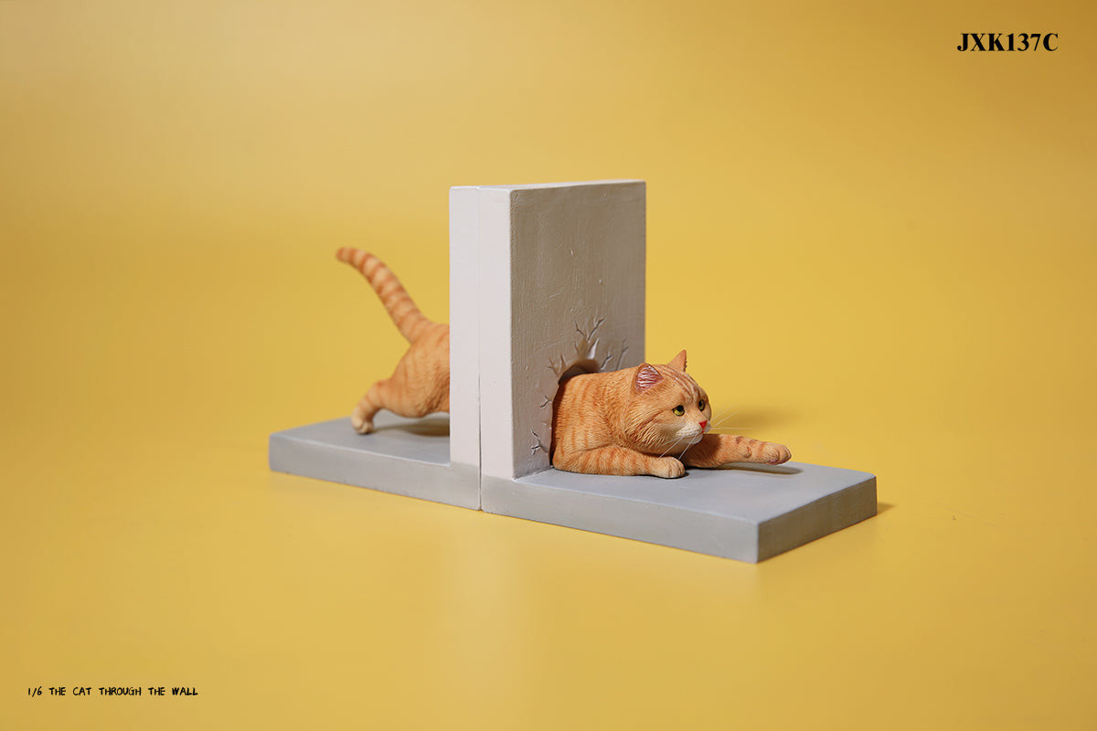 A series of 1/6 scale cat figurines designed to appear as though they are crawling through walls. Each model features different colored cats—black, white, orange, and calico—emerging through a wall, capturing a playful and curious moment.