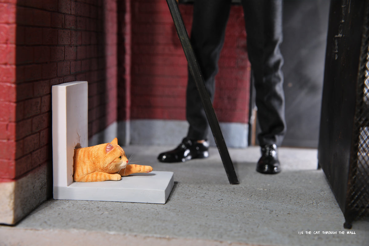 A series of 1/6 scale cat figurines designed to appear as though they are crawling through walls. Each model features different colored cats—black, white, orange, and calico—emerging through a wall, capturing a playful and curious moment.