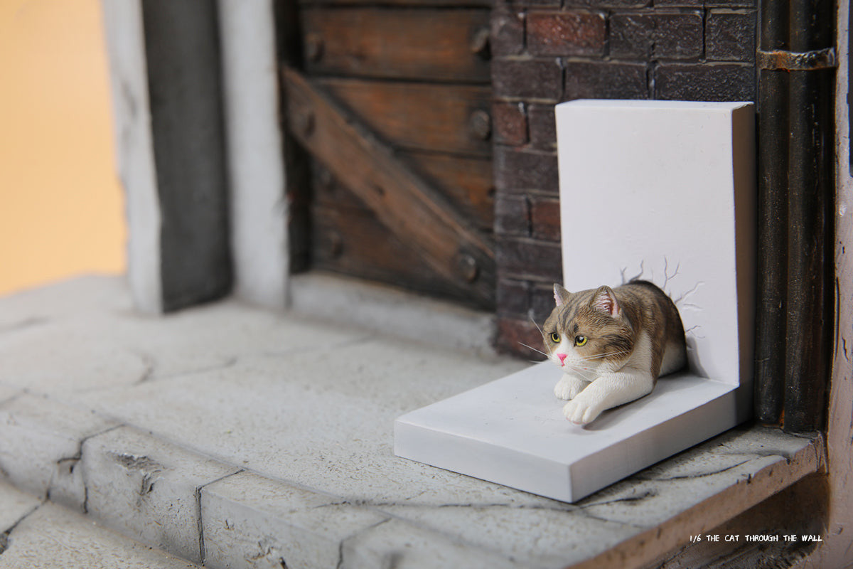 A series of 1/6 scale cat figurines designed to appear as though they are crawling through walls. Each model features different colored cats—black, white, orange, and calico—emerging through a wall, capturing a playful and curious moment.