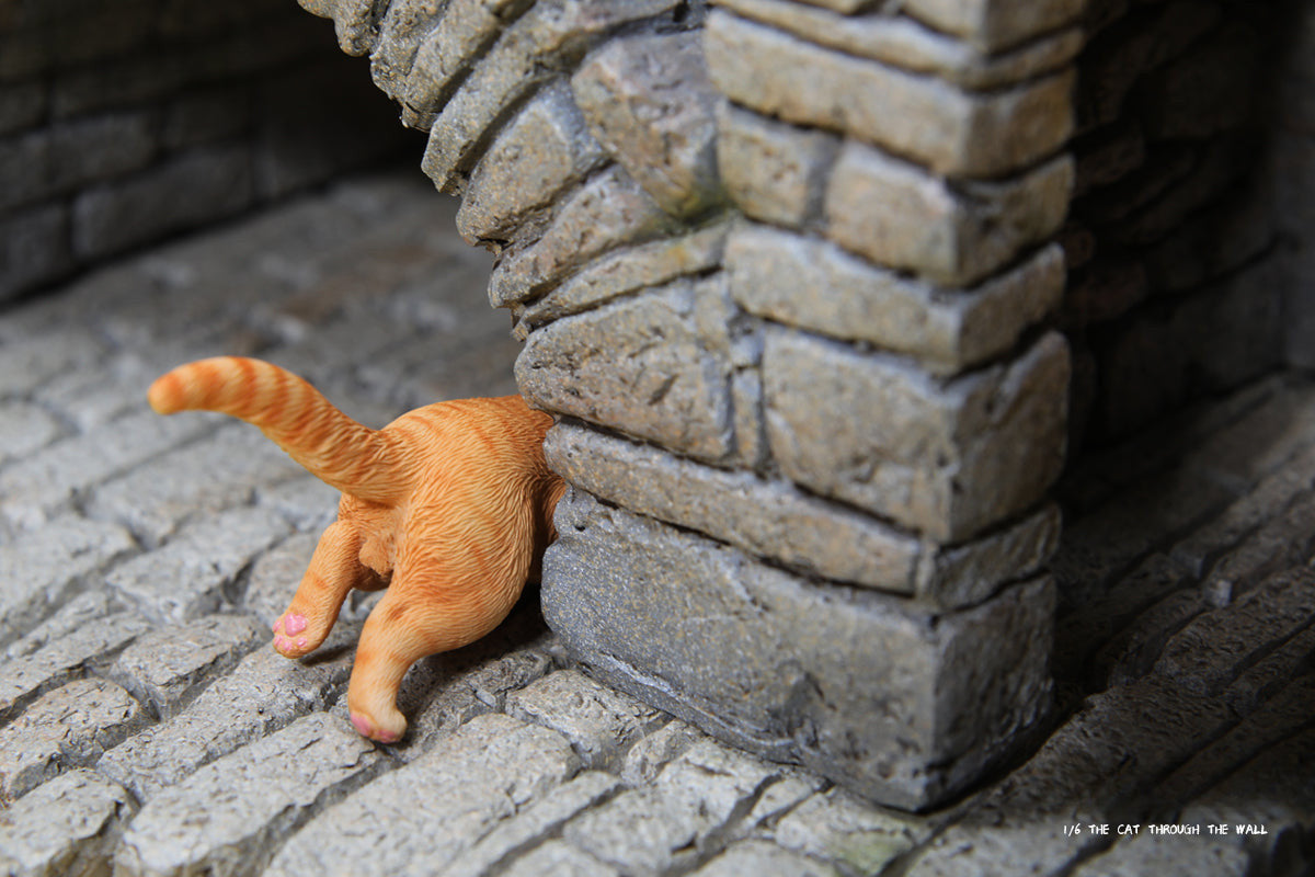 A series of 1/6 scale cat figurines designed to appear as though they are crawling through walls. Each model features different colored cats—black, white, orange, and calico—emerging through a wall, capturing a playful and curious moment.