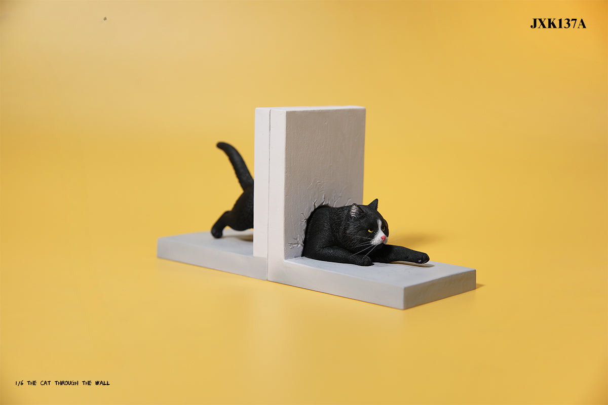 A series of 1/6 scale cat figurines designed to appear as though they are crawling through walls. Each model features different colored cats—black, white, orange, and calico—emerging through a wall, capturing a playful and curious moment.