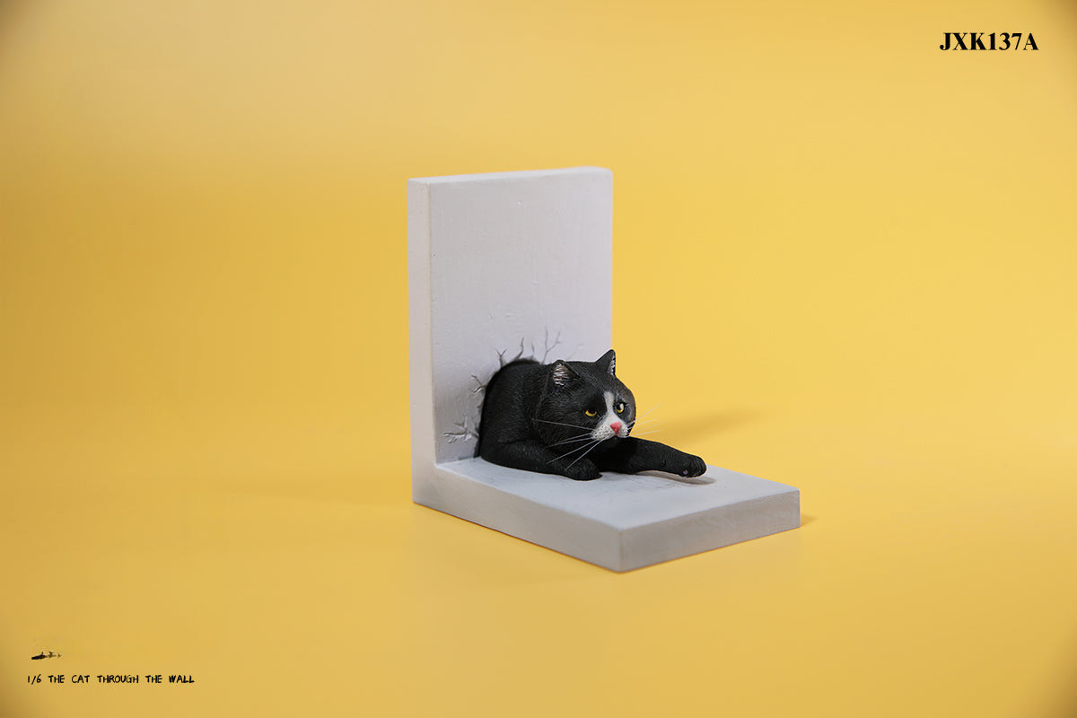 A series of 1/6 scale cat figurines designed to appear as though they are crawling through walls. Each model features different colored cats—black, white, orange, and calico—emerging through a wall, capturing a playful and curious moment.