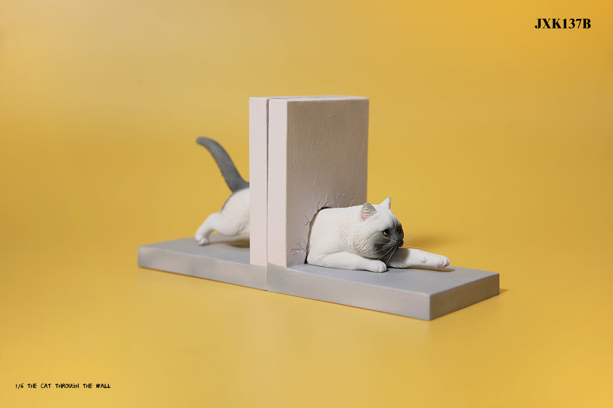 A series of 1/6 scale cat figurines designed to appear as though they are crawling through walls. Each model features different colored cats—black, white, orange, and calico—emerging through a wall, capturing a playful and curious moment.