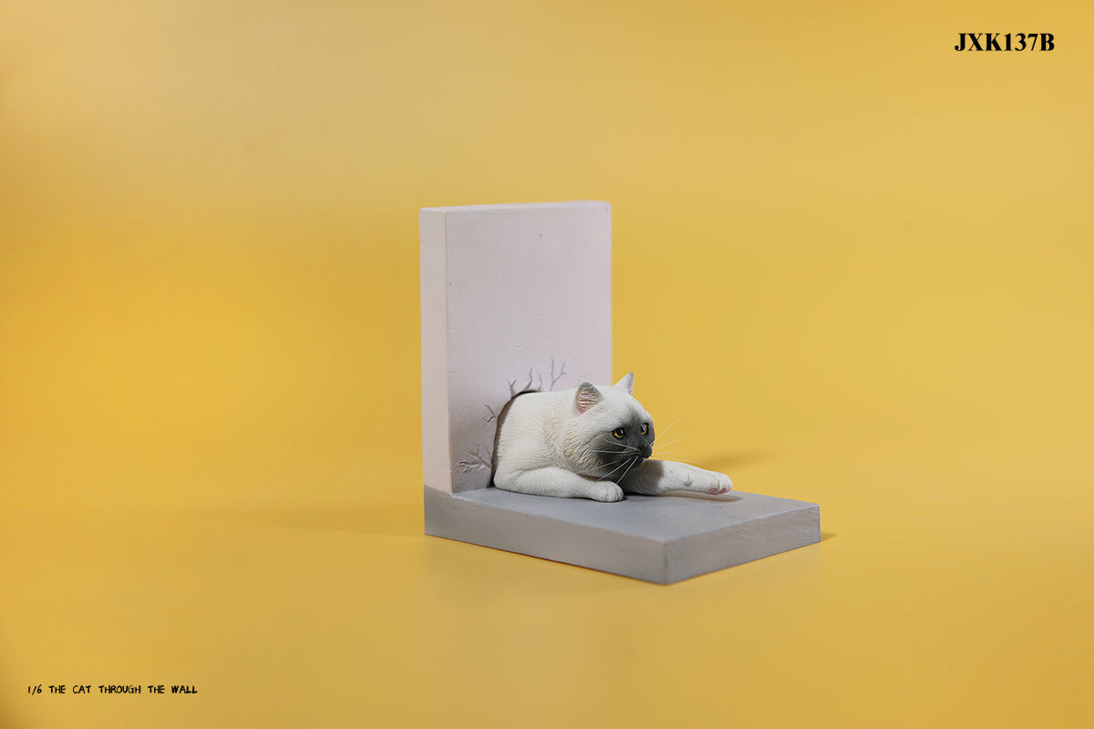 A series of 1/6 scale cat figurines designed to appear as though they are crawling through walls. Each model features different colored cats—black, white, orange, and calico—emerging through a wall, capturing a playful and curious moment.