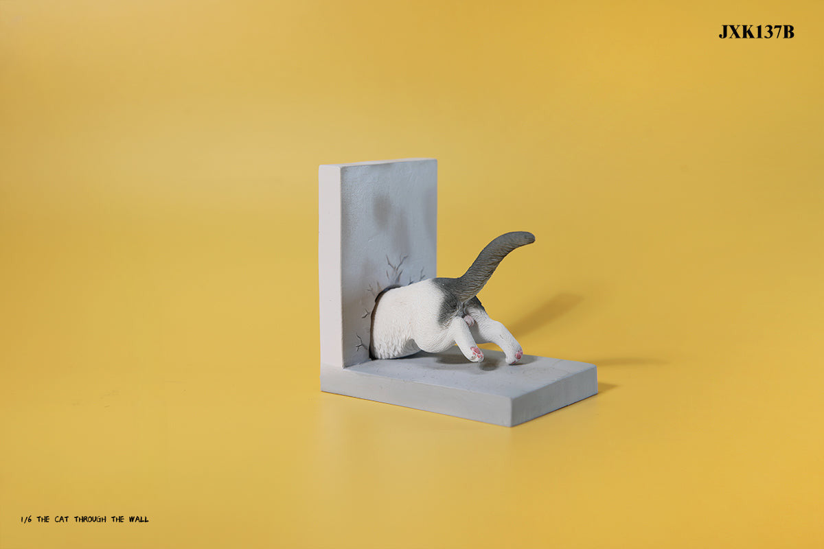 A series of 1/6 scale cat figurines designed to appear as though they are crawling through walls. Each model features different colored cats—black, white, orange, and calico—emerging through a wall, capturing a playful and curious moment.