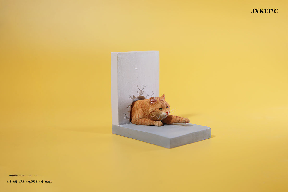 A series of 1/6 scale cat figurines designed to appear as though they are crawling through walls. Each model features different colored cats—black, white, orange, and calico—emerging through a wall, capturing a playful and curious moment.