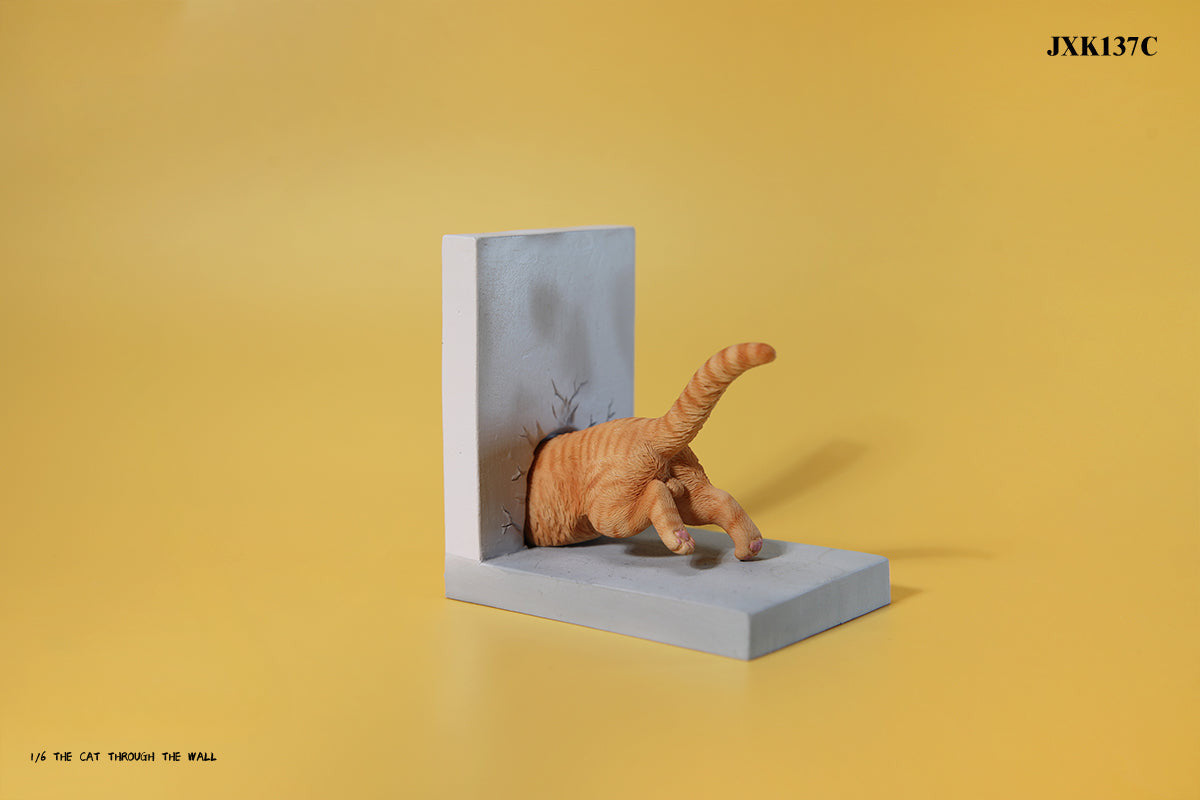 A series of 1/6 scale cat figurines designed to appear as though they are crawling through walls. Each model features different colored cats—black, white, orange, and calico—emerging through a wall, capturing a playful and curious moment.