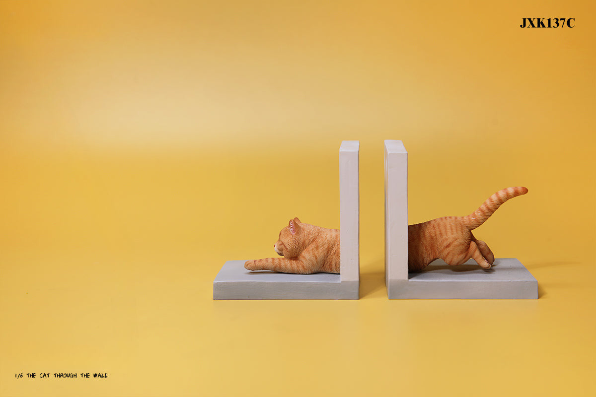 A series of 1/6 scale cat figurines designed to appear as though they are crawling through walls. Each model features different colored cats—black, white, orange, and calico—emerging through a wall, capturing a playful and curious moment.