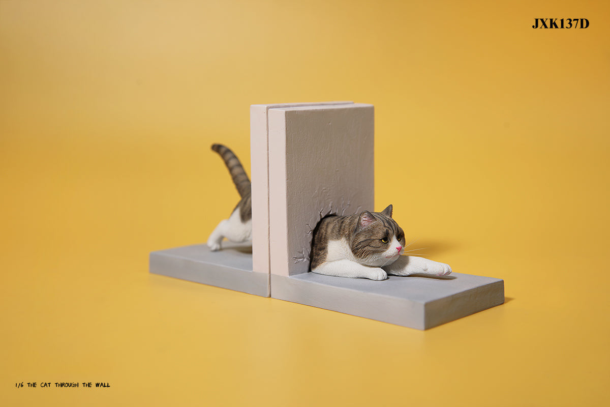 A series of 1/6 scale cat figurines designed to appear as though they are crawling through walls. Each model features different colored cats—black, white, orange, and calico—emerging through a wall, capturing a playful and curious moment.